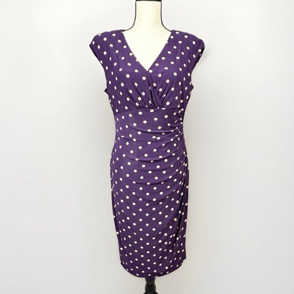 LAUREN RALPH LAUREN Purple Polka Dot Ruched Sheath Dress Sz 12 Stretch Classic